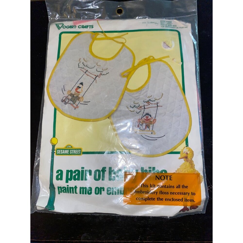 Vintage Vogart Crafts Sesame Street Embroidery Kit Pair Baby Bib Bert Ernie 9402